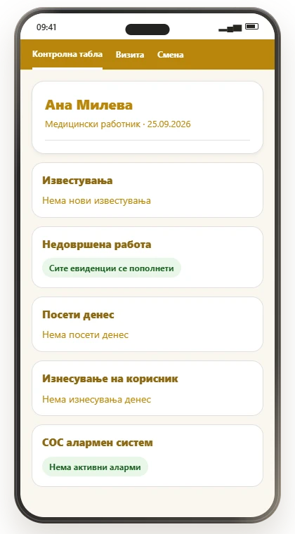 Демонстрациски медицински екран со известувања, посети и недовршена работа
